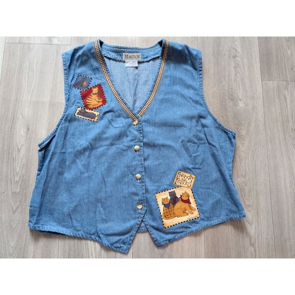 Haiks Womens Denim Vest Friendly Felines Cat Patches Button-Front Cotton Size 2X - Picture 2 of 8